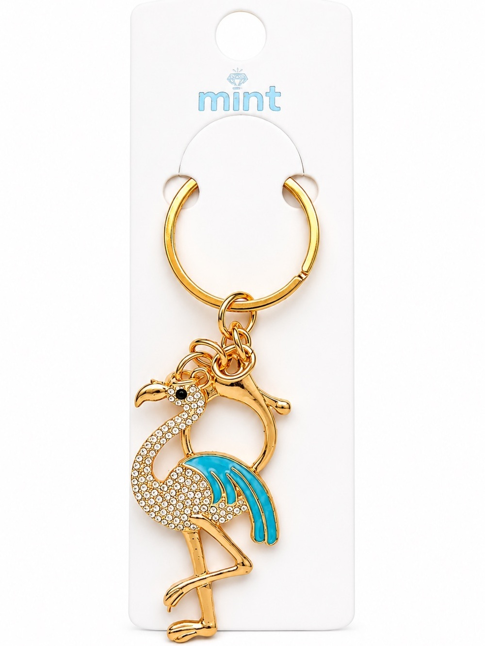 Gold Flamingo Keychain Bag Charm with Teal Enamel & Rhinestones